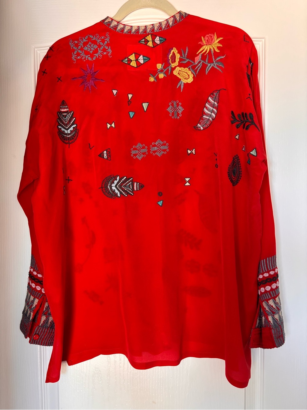 Johnny Was Byia Silk Button-Down Tunic Red women’s small oversized embroidered - Picture 2 of 12